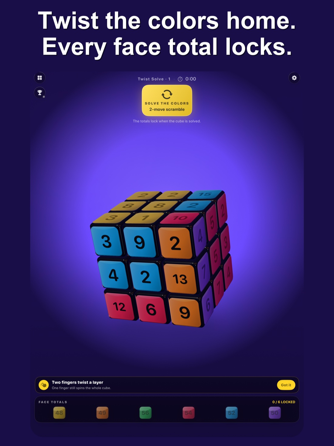 Twist Solve mode on iPad with a partially turned multicolored number cube.